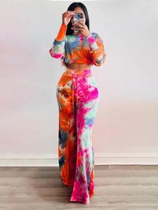 Pantalon de deux pièces pour femmes Streetwear Tie Dye Off Épaule Survêtement Femmes 2 Ensemble Tenues Automne Vêtements Crop Top Large Leg Costumes Femme Ensembles