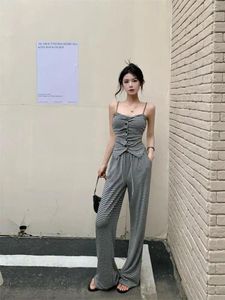 Dames tweedelige broek Streep Slip Vest Top Set Women 2024 Zomer Koreaanse sexy slanke elegante mode Casual Wide Leg broek Outfits