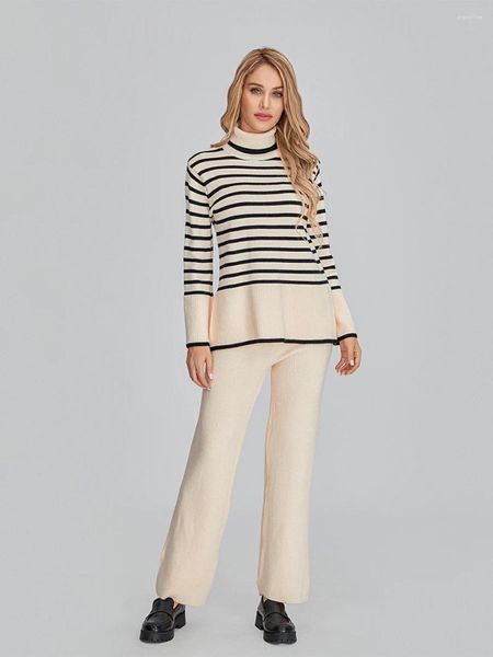 Pantalon de deux pièces pour femmes Ensembles de pull rayé Femmes 2 Lounge Manches longues Col roulé Câble Pull en tricot et survêtement à jambes larges