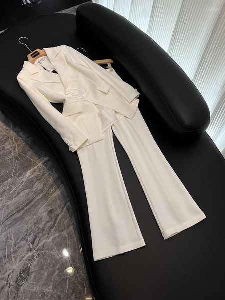 Pantalones de dos piezas para mujer, botones de diseño elegante, traje sólido básico de oficina para mujer, chaqueta con muescas ajustada, acampanada holgada, 2 uds. Blanco