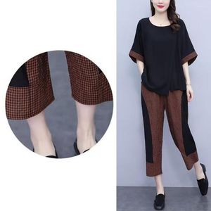 Femmes deux pièces pantalon élégant dame tenue d'été col rond Patchwork poches haut pantalon costume femmes lâches vêtements féminins