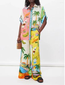 Pantalon de deux pièces pour femmes Élégant Lady Tropical Printed Cotton Linn 2 Set Femmes Shirt Malf Man à manches et Pantation de jambe large combinaison 2024 Vocation