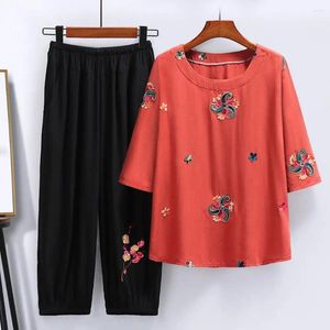Dames tweedelige broek Stijlvolle moeder Pyjama Set pullover Ethische stijl Drie kwart mouwen vrouwen top voor dagelijkse slijtage