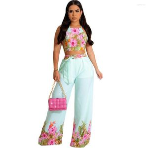 Femmes deux pièces pantalon costume 2 ensemble femme 2023 Sexy dos nu sans manches gilet haut court et Long imprimé fleuri correspondant pour les femmes