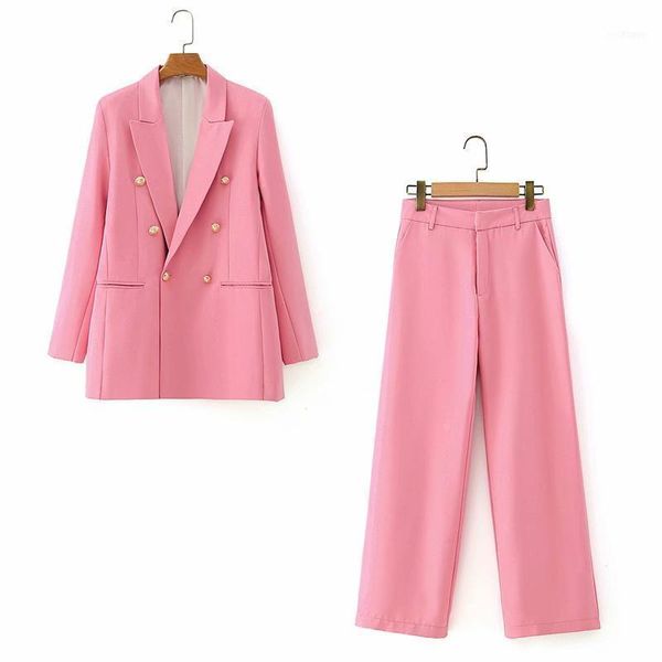 Traje de pantalón de dos piezas para mujer, chaqueta rosa de otoño para mujer, conjunto de doble botonadura, elegante para mujer de oficina, 2 y pantalones
