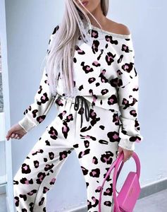Pantalon à deux pièces pour femmes Suit à manches longues décontractées Pink Leopard Imprimé rond Sweat-shirt Tow Set Trawstrowsping Pantal