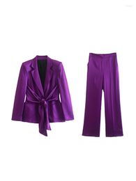 Femmes deux pièces pantalons costumes pour femmes 2023 taille cravate Blazer et pantalon haut ensemble bureau dame élégant Vintage Satin ensembles femmes tenues