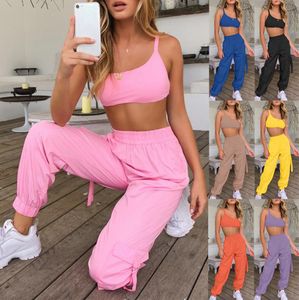 Zomer snoep roze tweedelige broek vrouwen bijpassende set crop top en joggers vrouwelijke sets outfit