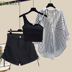 Dames tweedelige broek Zomerkleding Set Koreaanse dame Casual Loose Stripe Shirt Black Vest Denim Korte Outfits Straatwear 230511