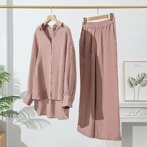 Pantalon de pantalon en deux pièces pour femmes Ensemble de chemise en lin à manches longues à manches longues Vintage Couleur solaire Top zen japonais en gros