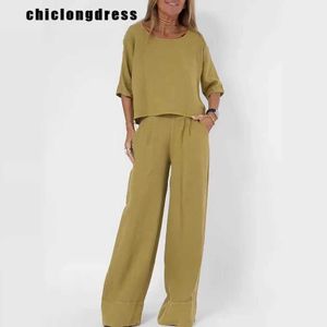 Pantalon de deux pièces pour femmes Coton de mode d'été et chanvre Two Piece Set Femmes Casual Solid Round Nout Tshirt large Pantal