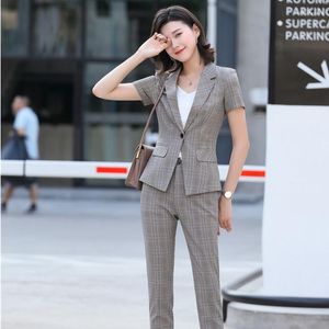 Femmes deux pièces pantalons été mode dames pantalons costumes pour femmes affaires Plaid Blazer et veste ensembles vêtements de travail à manches courtes