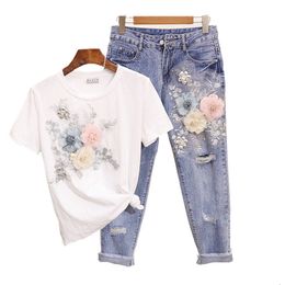 Dames s tweedelige broek zomer mode dames t shirt jeans Europese stijl denim pak borduurwerk 3D bloem vrouwelijke broek vintage kralen sets s xxl 230302