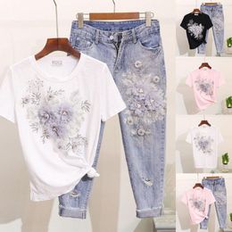 Femmes deux pièces pantalons été mode femmes broderie 3D fleur T-shirts Jeans pièces ensemble décontracté trou Denim costume N7YE