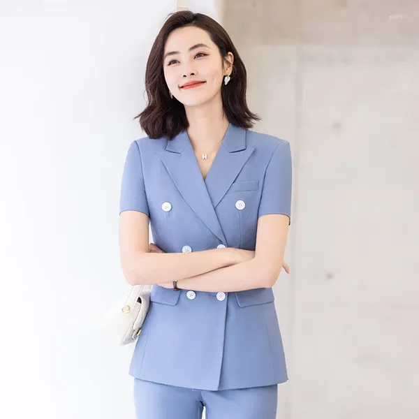 Pantalones de dos piezas para mujer, Blazer azul claro formal de verano, trajes de negocios para mujer, conjuntos de pantalón y chaqueta, ropa de trabajo, uniformes de oficina para mujer, trajes de pantalón