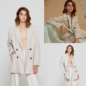 Dames tweedelige broek Zomerlinnen Vrouwen Pakken mode Elegante losse dubbele borsten Blazer ontworpen patchwork Daily Casual Jacket 2