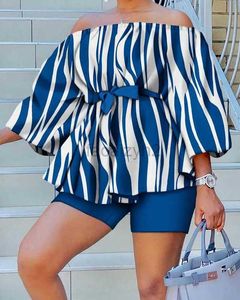 Twee stuk broek voor dames zomer nieuwe mode casual één schouderblauwe print set maat plus tweedelig sets