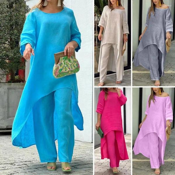 Pantalones de dos piezas para mujer, verano, cuello redondo, manga 3/4, dobladillo irregular, cintura elástica, traje informal, conjunto de pierna ancha y Top largo de Color sólido para mujer