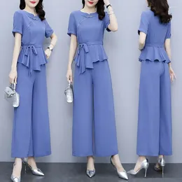 Damen Zweiteilige Hose Sommer Büro Dame 2023 Mode Anzüge Elegante Frauen Zweiteiliges SetSolid Single Button Asymmetrischer Gürtel Top Breites Bein