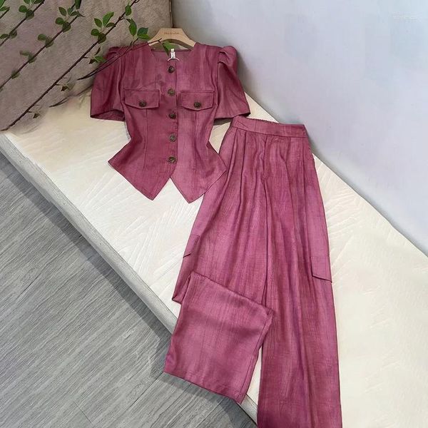 Pantalones de dos piezas para mujer Conjunto de oficina rosa de verano para mujer 2023 Moda Camiseta sin mangas con mangas hinchadas a juego Conjuntos anchos de cintura alta Ropa