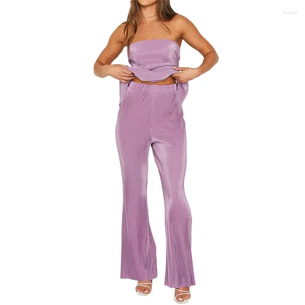 Pantalon de deux pièces pour femmes Summer Purple Femmes 2 pièces Tenues Couleur unie Tube Top avec pantalon long Casual Streetwear Outfit pour Club Party