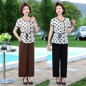 Dames Tweedelige broek Zomersets Damesoutfits Korte mouwen Stippenprint Middelbare leeftijd Moederkleding Vrijetijdsoverhemd Wijde pijpen