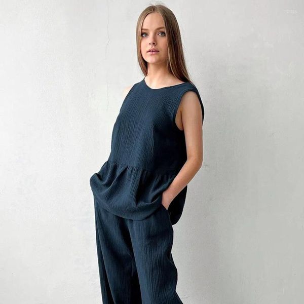 Pantalones de dos piezas para mujer, pijama de algodón sin mangas de verano, conjunto holgado, camisola de moda para el hogar para mujer, camiseta sin mangas ajustada de Color sólido 2023