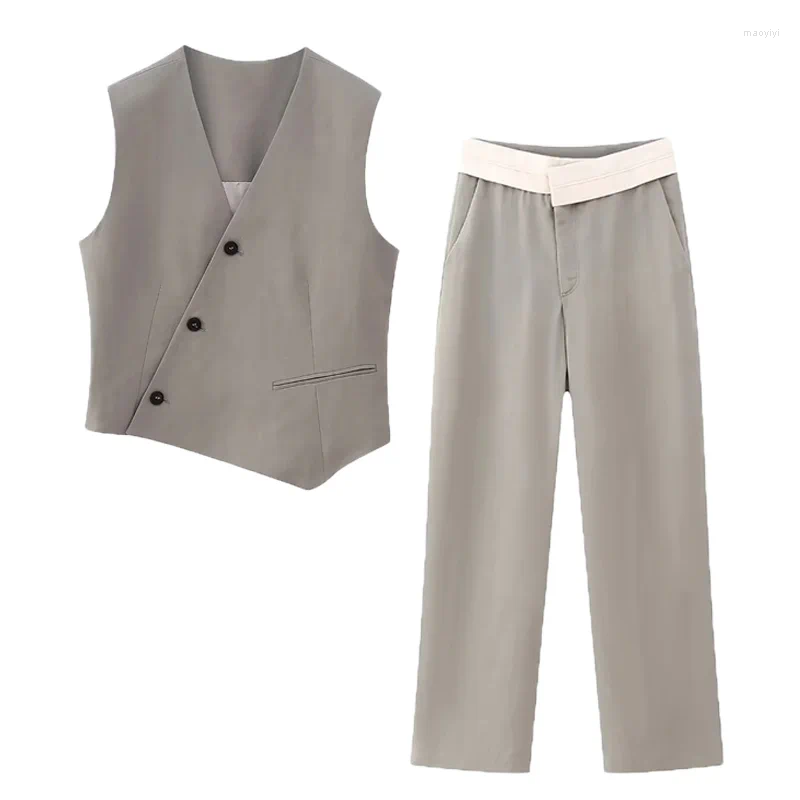 Dames tweedelige broek zomerpak vest blazers jas mouwloze cropped top effen streetwear modesets ins damesblazer