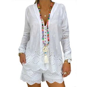 Pantalon de deux pièces pour femmes Summer White Casual Short Set Femmes 2022 Élégant Col en V À Manches Longues Top Cordon Shorts Plage Lâche 2 Pièces Bouton Chemise Outfi T221012