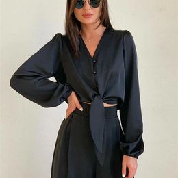 Dames tweedelige broek Zomer Women Fashion Black Satin Pant Suits Vneck Long Sleeve Blouse Matching Brede broek Pak Casual Slim Two -Piece Set 220922