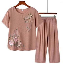 Pantalon de deux pièces pour femmes Été Femmes Manches courtes Imprimé Floral Lâche Coton Lin T-shirt Top Pantalon à jambes larges 2pcs Ensemble Conjuntos de Pantalones