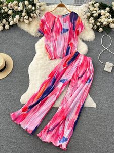 Pantalon de deux pièces pour femmes Summer Femmes Tie Dye Ensemble Femelle Bleu / Rose / Rose Rouge O-Cou Manches Courtes Hauts Taille Haute Drapé Costume à Jambes Larges