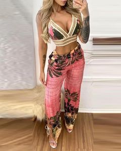 Tweedelige damesbroek zomer dames tropische print kanten rand crop top slit set vakantiekostuum