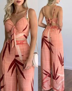 Pantalones de dos piezas para mujer, traje Sexy sin mangas y sin espalda, Top corto con estampado de hojas, conjunto de pierna ancha, 2 conjuntos largos