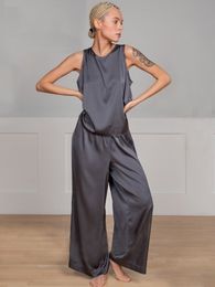 Tweedelige broek voor dames Suninbox Mouwloze tweedelige sets vrouwen pyjamapak lente zomer vrouwelijke huiskleding sets gekruist vest en losse broek 230425