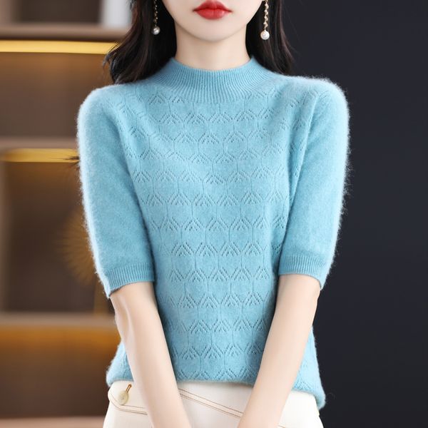 Pantalon de deux pièces pour femmes Pull coréen à manches courtes en laine sans couture prêt à porter évidé demi-haut col T-shirt Slim pull bas 230224