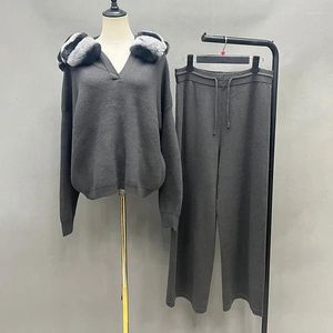 Dames tweedelige broek Sweater Set Fashioned Lady Cardigan Rex Fur Chinchilla kleur