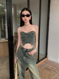 Frauen Zweiteilige Hosen Süße Coole Mädchen Anzug Sommer Unregelmäßige Denim Trägerlosen Weste Loch Gerade Bein Zwei-stück Set mode Weibliche Kleidung