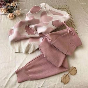 Pantalon de deux pièces pour femmes Sweet Love Impression Tricoté 2 Survêtement Femmes Été Manches courtes Pull Pull Femme Tops Rose Casual