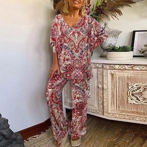 Dames Tweedelige Broek T-shirt Set Ademend Losse Outfit Verkoeling Verkleden Mode Dame Bohemen Print Baggy Loungewear