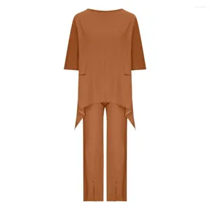 Ensemble deux pièces pour femmes, T-shirt et pantalon, ample, haut de couleur unie, avec ourlet irrégulier, jambes larges, col rond, doux