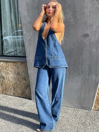 Tweedelige damesbroek TARUXY Baggy denim broekset Sexy backless vetertopjes voor dames Zomer Street Fashion Jeans 2 pak Damesoutifits 230802