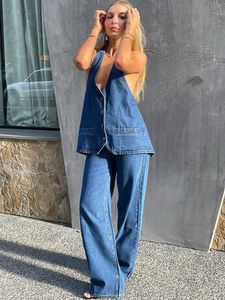 Tweedelige damesbroek TARUXY Baggy denim broekset Sexy backless vetertopjes voor dames Zomer Street Fashion Jeans 2 pak Damesoutifits 230802