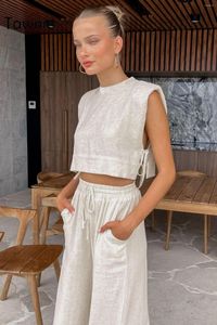 Women's Two Piece Pants Tawnie 2023 Summer Linen Sets Women Fashion Sexy Sleeveless Lace-Up Crop Tops Vacation Loose Long 2 Suits