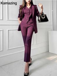 Pantalones de dos piezas para mujer Tenues d'affaires formelles coreennes pour femmes veste a boutons col en V pantalon en email 231205