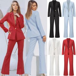 Dames tweedelige broek Tesco Fashion Suits V-Neck Blazer Jacket Flare 2 Solid Red Black Pants Paks Casual Elegant Women Pant Sets