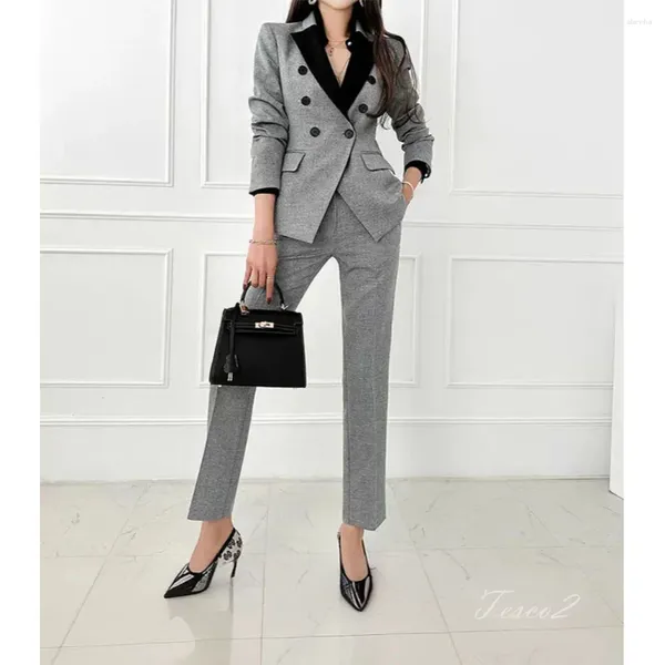 Pantalon de deux pièces pour femmes Tesco French Elegant Suit Ensembles Patchwork Blazer Blazer 2 Gris Slim Fit Pant Office Office décontracté tenues