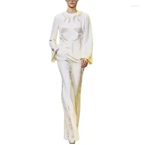 Tweedelige broek voor dames Tesco kant -borduurwerk o nek tops met flare mouw volledige lengte sets witte casual losse outfits