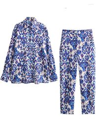 Tweedelige broek voor dames tfmln zomer dames print shirt 2 pc's sets lange mouwen turn down kraag kraag knop top hight taille set los