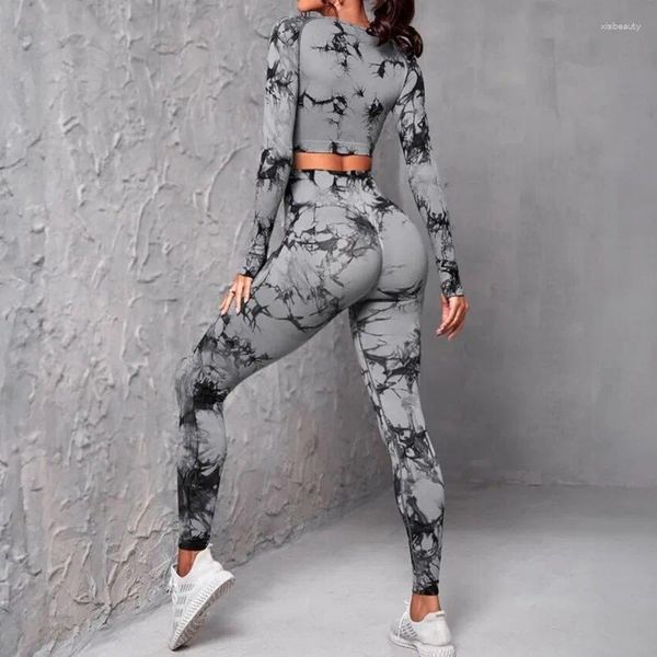 Pantalon de deux pièces pour femmes Tie Dyed Ensemble de yoga sans couture à manches longues Slim Crop Top Taille haute Pantalon de levage de hanche Gym Fitness Ensembles de vêtements de sport pour